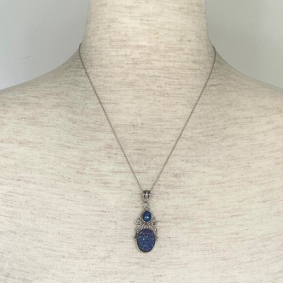 Sterling Silver 925 Oval Opal Titanium Druzy Scrollwork Pendant Necklace 18" - Picture 2 of 16